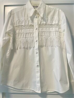 Harlow White Lace-Fringe Button-Down Shirt